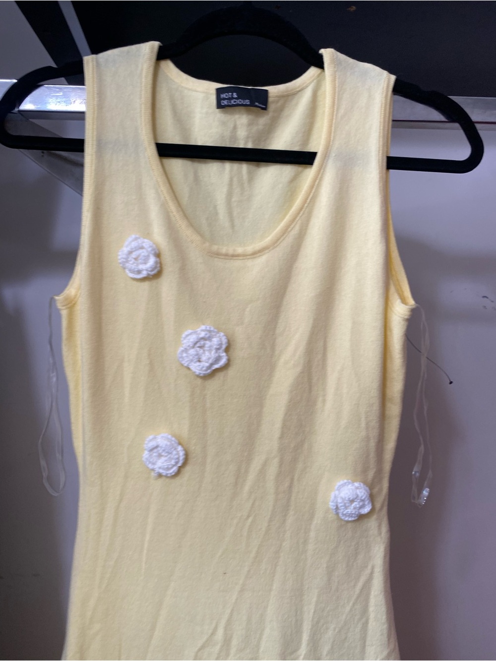 Pale Yellow Tank Top with White Floral Appliqués